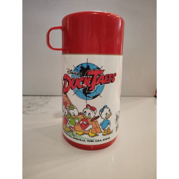 Vintage  Walt Disney World Duck Tales Aladdin Thermos 1986 Red Top Cup Spout - Picture 1 of 12